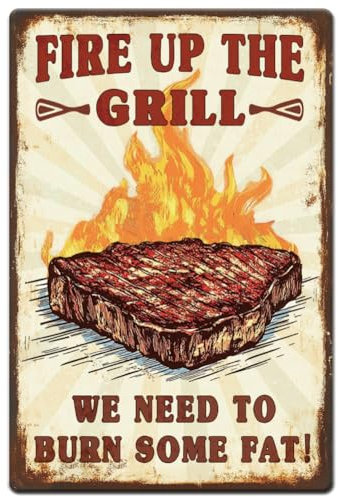 Hobbspring 1pc Vintage Metal Tin Signs 30x20cm Funny Barbecue Signs Fire Up the Grill We Need to Burn Some Fat Poster for Kitchen Diningroom Restaurant Bar Home Indoor Outdoor Wall Decor