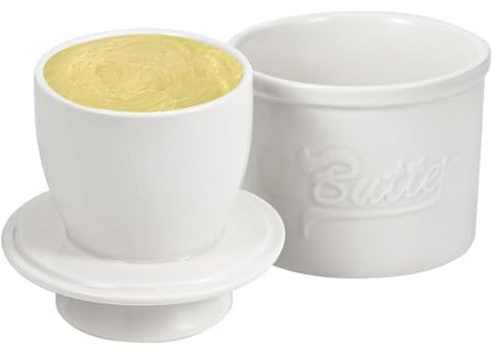 Alleshelfer Mantequera de cerámica, mantequera francesa, de porcelana, refrigerada por agua, con tapa para frescura y mantequilla, color blanco