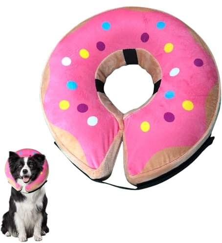 Durdiiy Aufblasbare Halskrause Hund & Halskrause Katze,Einstellbar Schutzkragen Hunde, Süße Donuts Hundekragen Leckschutz für Genesung nach Operationen oder Wunden, Verschiedene Größen (Pink, S)