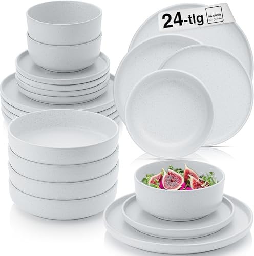 SÄNGER Leeds Frost | Geschirrset 24 teilig, Steingut Geschirr 6 Personen, 6x Speiseteller 6x Dessertteller 6x Schalen 6x Pastateller, Teller Set hellgrau | VALUE COLLECTION