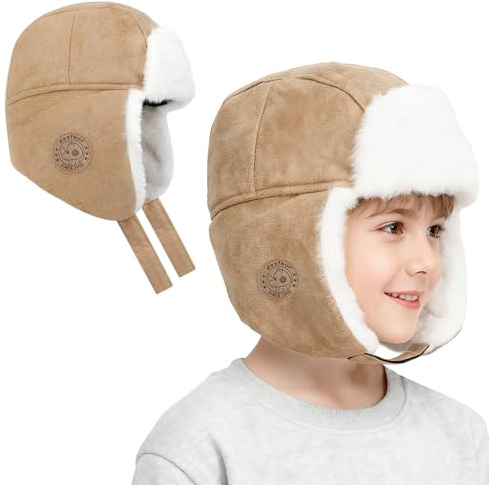 TAGVO Sombrero Trapper Infantil con Orejeras – Gorro Aviador Térmico en Piel Sintética & Forro Polar para Niños, Gorro de Esquí Cortaviento 4–10 años