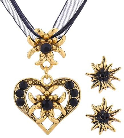 Teegxddy 3 Stück Trachtenschmuck Set Bayerisch Schmuck Trachtenkette mit Strass Edelweiß Herz Anhänger und Edelweiß Ohrstecker für Damen Bierfest Trachten Dirndl Outfit Accessoires(Gold Schwarz)