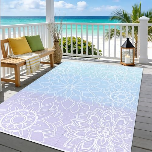 Enyhom Outdoor Teppich Wetterfest, Wendbarer Bodenmatte Kunststoff Terrassenteppich Außenteppich UV-beständige RV Camping Balkon Teppich für Patio Strand BBQ Picknick Deck (Blau-violett, 180 x 270 cm)