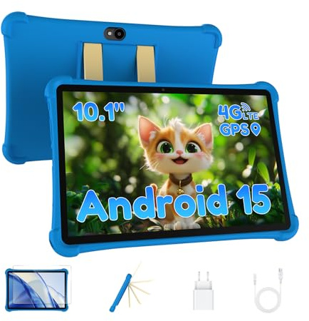 ALLDOCUBE Tablet Niños 10 Pulgadas, Tableta Infantil Android 15, 7 GB+64 GB, Batería 5500mAh, Wi-Fi, BT, GPS, Control Parental, iWAWA Preinstalado, Tableta Educativa para Niños con Funda Azul