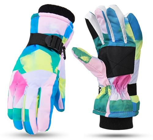 UJBVCX Gants de Ski Enfants, Chaud Hiver Gants Neige Snowboard Moufles Coupe-Vent Respirant avec Poignets Réglables, pour Vélo Équitation Patinage Fille Garçon 9-15 Ans