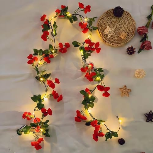 Fielegen 20 LED Artificial Rose Flower Vine String Lights, 2 Meter 6FT Battery Operated Rose Flowers Ivy Garland Fairy Lights for Valentine's Day Wedding Birthday Garden Party Gifts Decorations