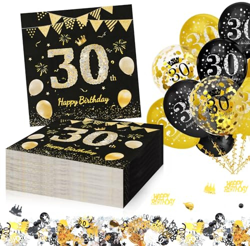 KASURE Servietten 30. Geburtstag, 60 Stück Geburtstagsdeko Servietten mit Konfetti, für Geburtstagsfeier (Schwarz Gold, 33 x 33cm)