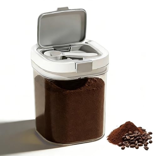HUSOUE Coffee Bean Storage, 1300 ML Airtight Coffee Container with Lid and Scoop Transparent Kitchen Food Storage Container for Ground Coffee Tea Flour Cereal Dry Food