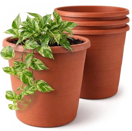 Lizzy 4 Pack Plastic Plant Pots 24cm | Round Flower Pots with Drainage Holes Indoor Outdoor Plant Pots Heavy Duty Garden Planters for Plants Flowers Herbs Stylish Brown Pots