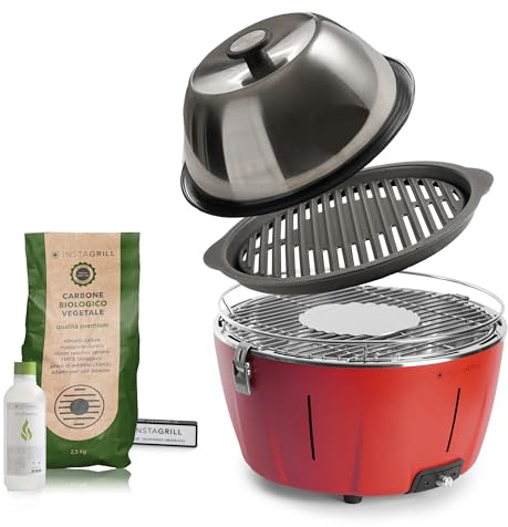 Classe Italy | Barbecue a carbonella con Coperchio e Griglia in Ghisa per cottura forno. Da Balcone, Portatile. Include Batteria Ricaricabile, Carbone e Gel per accensione. PRO Rosso Corallo