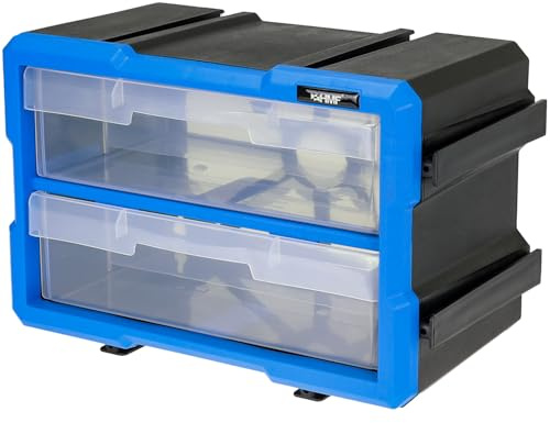 HMF Sortierbox für Kleinteile mit 2 Schubladen, erweiterbarer Sortimentskasten für Schrauben und Werkzeug | 4 Fächer | 29,5 x 19,5 x 16 cm | Blau-Schwarz