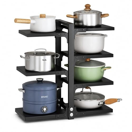GOOGO 7 Tier Adjustable Pan Organiser, Black Pots and Pans Organiser Rack, Carbon Steel Pan Stand with Adjustable Layers, Kitchen Cabinet Storage for Worktop, Cupboard and Under Sink