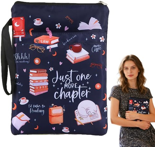 Book Sleeve Just One More Chapter, 29x22cm Waterproof Book Pouch with Zipper, Cute Book Protector Cover for Paperbacks, Bibles, Book Lover Gifts, Protective Book Pouch for Reading Lovers (Black)