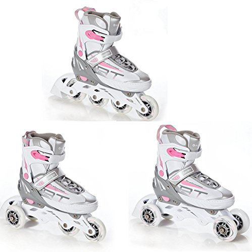 RAVEN Profession 3in1 Inlineskates Triskates Rollschuhe Inliner für Kinder und Erwachsene verstellbar (White/Pink, 31-35 (20,5cm-23cm))