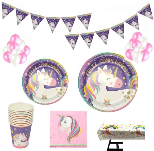 Decoraciones Unicornio y vajilla Rosa y Morado Unicorn Feliz Cumpleaños para niñas El Juego de 105 Piezas Incluye Platos, Vasos, Mantel, Servilletas,Guirnalda, Pajitas, y Globos para a 20 Personas