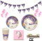 Decoraciones Unicornio y vajilla Rosa y Morado Unicorn Feliz Cumpleaños para niñas El Juego de 105 Piezas Incluye Platos, Vasos, Mantel, Servilletas,Guirnalda, Pajitas, y Globos para a 20 Personas