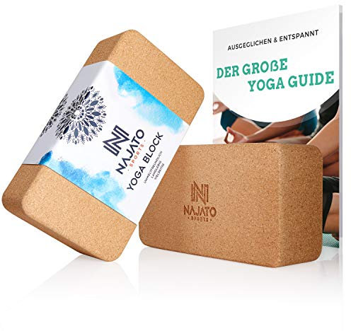 NAJATO Sports Yoga Block Kork 2er Set – Wahlweise mit Yogagurt – Yogablock inkl. E-Book (PDF Datei) – Yogaklotz für Pilates und Meditation – Aus natürlichem Material