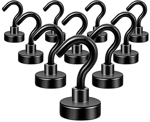 Neosmuk Black Magnetic Hooks, 25 lb+ Heavy Duty Earth Magnets with Hook for Refrigerator, Extra Strong Cruise Hook for Hanging, Magnetic Hanger for Curtain, Grill (Black, Pack of 10)…