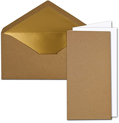 50x Faltkarten-Set DIN Lang inkl. Briefumschlägen mit goldenem Seidenfutter und weißen Einlegeblättern in Vintage Kraftpapier Sandbraun (Braun) - 10,5 x 21 cm - für Einladungen und Grußkarten
