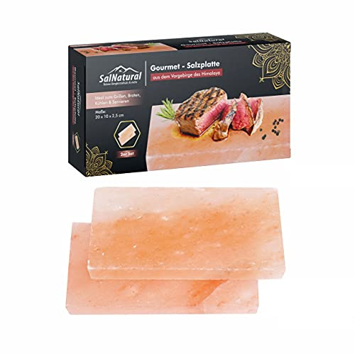 SalNatural Gourmet Salz Grillsteine 20x10x2,5cm (2er Pack) Original Kristallsalz aus dem Vorgebirge des Himalaya Salzstein zum grillen. BBQ Grillplatte | Premium Geschenkbox