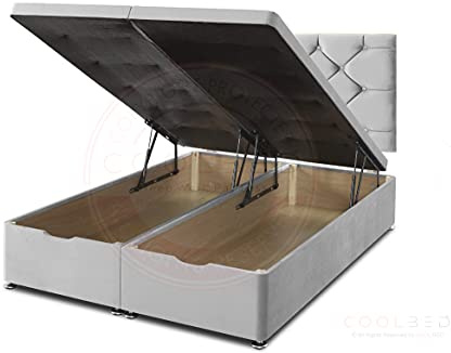 COOL BED Silver Plush Velvet Ottoman End Lift Bed Base with Chesterfield Headboard – No Mattress Included (Silver, 3FT - SINGLE)