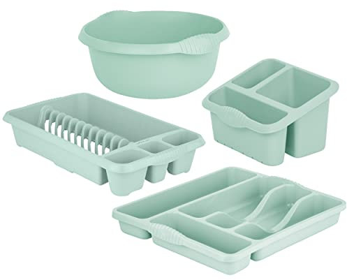 JMS we create smile [𝐒𝐞𝐭 𝐨𝐟 𝟒] Plastic Medium Dish Drainer with Sink Tidy, Round Washing Up Bowl & Small Cutlery Tray- 𝐒𝐢𝐥𝐯𝐞𝐫 𝐒𝐚𝐠𝐞