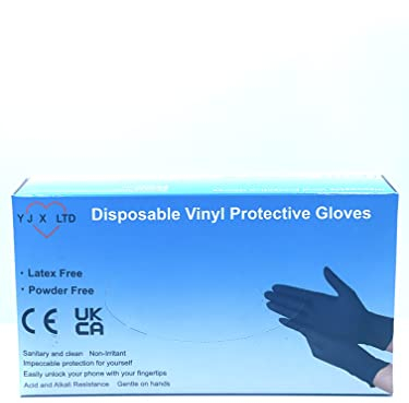 YJX LTD Black Disposable Vinyl Glove, box of 100, Powder Free, Extra Strong, Extra Sensitive, Medical, Food, Cleaning, security (S, Black)