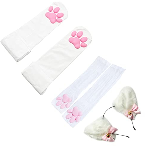 ZTVOWTO Cute Cat Paw Pad Thigh High Cosplay Socks With Pink 3D Kitten Claw Mittens Long Fingerless Gloves for Girls Women(White-3)