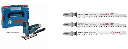 Bosch Professional Stichsäge GST 12V-70 (2x Sägeblatt, ohne Akkus Ladegerät, in L-BOXX) +3x Stichsägeblatt Set Expert ‘Hardwood 2-Side Clean‘ (Küchenarbeitsplatte, Kunststoffbeschichtete Platten)