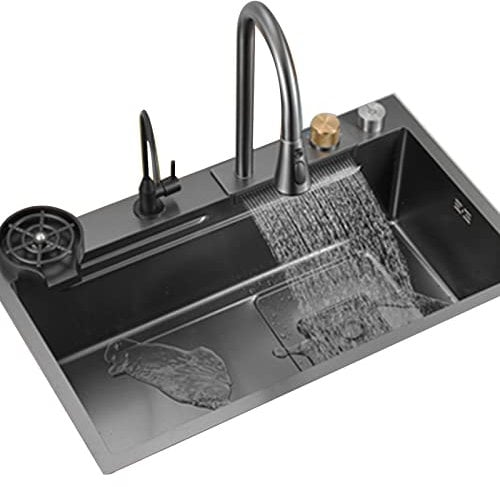 Lavello In Acciaio Inox Con Bocca A Cascata Lavello Da Cucina Nero Lavello A Vasca Singola Ispessita Con Rondella A Tazza Completo Di Accessori (Color : Black, S : 80x45cm)