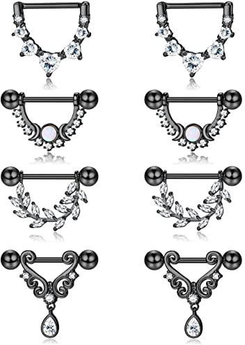 Kakonia 4 Paar 14G Nippelpiercing für Damen 316L Edelstahl Teardrop Heart Moon Star Opal Leaf CZ Barbell Brustwarzenpiercing Set Süße Nipple Piercing Schwarz
