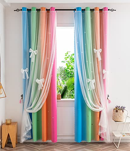 Yancorp Vorhänge für Mädchen-Schlafzimmer, Kindervorhang, ausgehöhlte Sterne, Kinderzimmer, 213,4 cm Länge, Raumverdunkelung, Öse, 2 Schichten, vier Farben, B 132 x L 84 cm