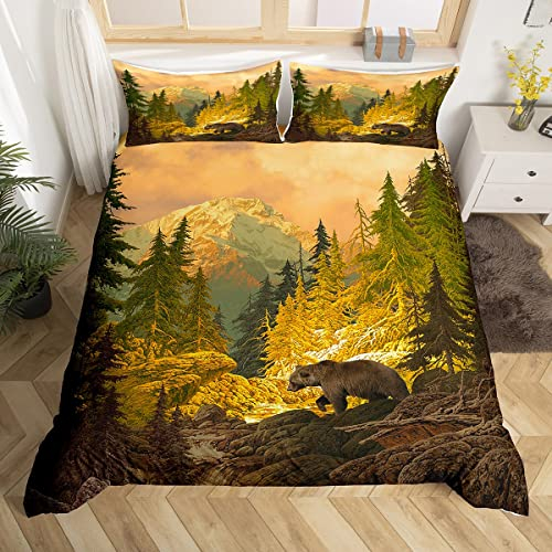 Juego de Ropa de Cama de Oso rústico,tamaño King,Funda de edredón Retro de Caza de Animales Salvajes para Adultos,Hombres y niños,Funda de edredón con Estampado de pinos del Bosque para Deco