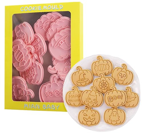 PTaizjjz Cortador de galletas de calabaza, juego de 10 cortadores de galletas de Halloween, juego de cortadores de galletas prensables 3D para decoraciones de Halloween para hornear