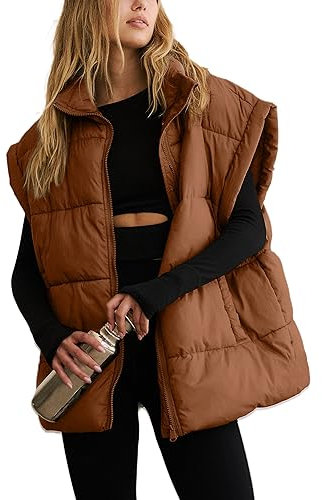 APAFES Damen Winter Oversized Puffer Weste Leichte Stehkragen Flysleeve Isolierte Gepolsterte Puffer Jacken Mantel mit Taschen, Braun, S