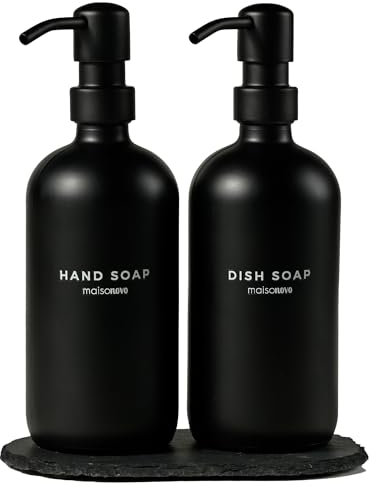 MaisoNovo seifenspender Bad - seifenspender küche - 500 ml Bernsteinflaschen, Schwarze Pumpen, pumpspender Glas, seifenspender Set, 2er-Set und Betontablett - spülmittelspender küche