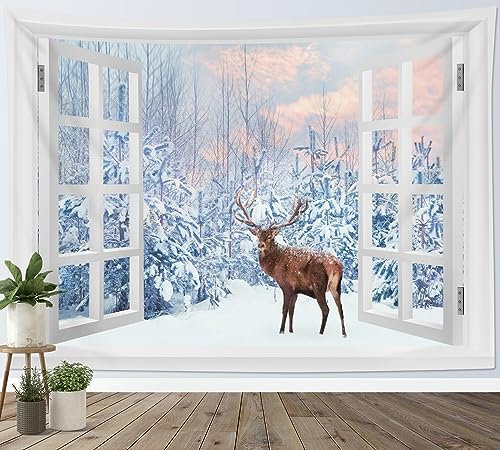 LB Wandteppich Winterlandschaft Wandtuch Hirsche im Wald Wandbehang Baum mit Schnee aus dem Fenster Tapisserie für Wohnzimmer Schlafzimmer Wohnheim Wanddeko,150Bx130H cm