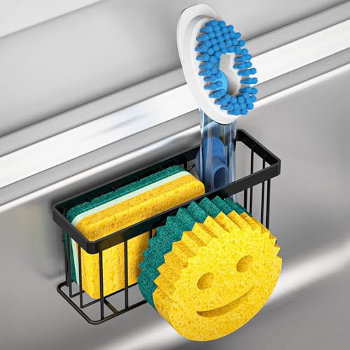 MURLONG Sponge Holder Smiley Face,Sink Caddy,Sink Organizer with 2 Suction Cups/1 Adhesive Strips,Designed for Sponge,Soap,Dish Brush,Scrubber - Black