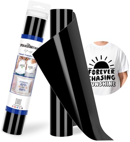 TECKWRAP Heat Transfer Vinyl - 12 x 10ft Iron on Vinyl for DIY Clothing,Shirts,Logos,Hats, Fabric HTV Vinyl Heat Transfer Paper Compatible with Heat Press Craft Cutters,Black