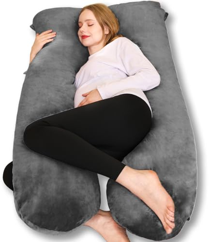 Chilling Home Pregnancy Pillows for Sleeping,U Shaped Maternity Pillow Pillow,55 inch Full Body Pillow Long Pillows for Sleeping, Maternity&Body Pillows for adults with Cover Velvet,Light Black