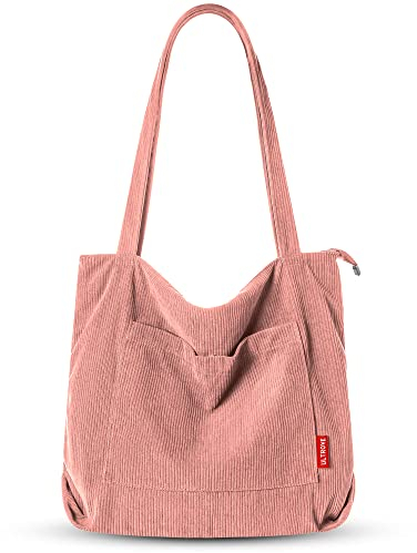 Ultrove Cord Tasche Damen Umhängetasche mit Reißverschluss, Dicke Große Einkaufstasche, Strapazierfähige Tragetasche für Arbeit, Büro, Reisen, Einkaufen, Schule und Alltag-Rose