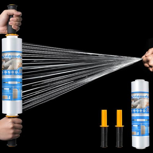 Origuuds Stretch Film, 20 µm Stretch Wrap with Handles, Industrial Strength Plastic Wrap for Moving, Pallet Wrap, Packing, Furniture Wrapping, Luggage (Clear/38CM x 300 M, 1 Roll)