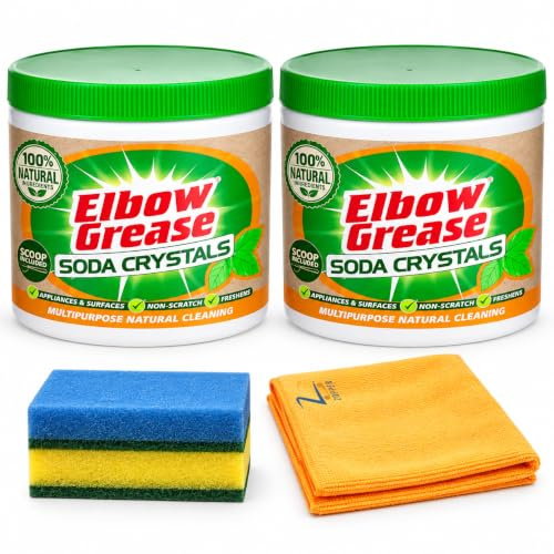 Crystals Soda 500g 2Pk - Elbow Grease - Microfiber Cloth, and Sponge | Non-Scratch, Freshens, Multipurpose Natural Cleaning Powder for Appliances & Surfaces