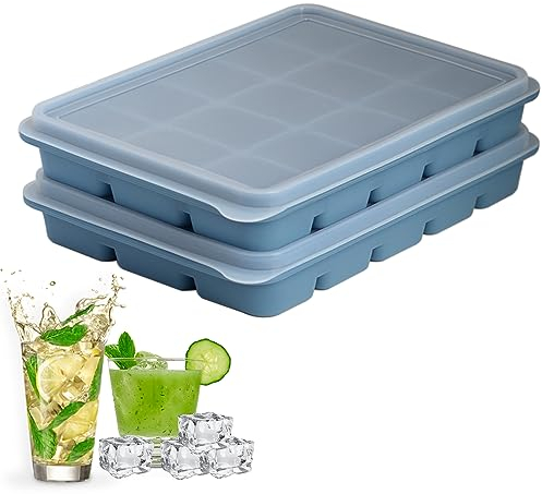 Lot de 2 bacs à glaçons en silicone avec couvercle - 30 compartiments - Pour cocktails, whisky, vin, fruits, purées, crème glacée, thé glacé (bleu + bleu)