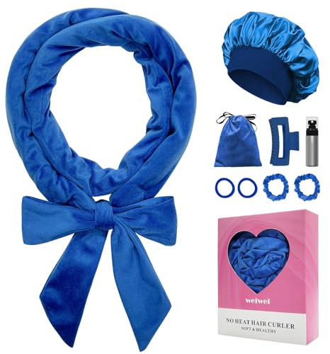 weiwei Lockenwickler Über Nacht, Samt Heatless Overnight Curls Band Locken ohne Hitze, 70 Haarwickler DIY Hair Curler Rollers Lockenband, 9 Stück Locken Set mit Schlafmütze für Langes Haar (Blau)
