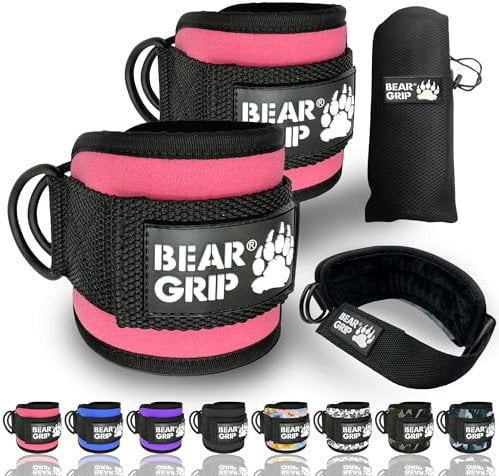 BEAR GRIP - Ankle Straps for Cables with New Fleece Design - Strong Closure, Double Stainless Steel D-Ring, Adjustable Neoprene - For Men & Women (Baby Pink Pair)