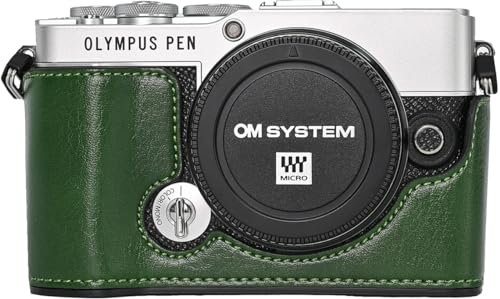 E-P7 Case, BMAOLLONGB Handmade PU Leather Half Camera Case Bag Cover Bottom Opening Version for Olympus Pen E-P7 EP7 with Neck Strap Mini Storage Bag (Green)