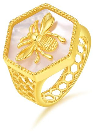 Bienenring Sechseck Gold Fett Honigbiene Siegelring Klobiger Ring Geometrischer Ring Perlmutt Statement Ring Größe 9