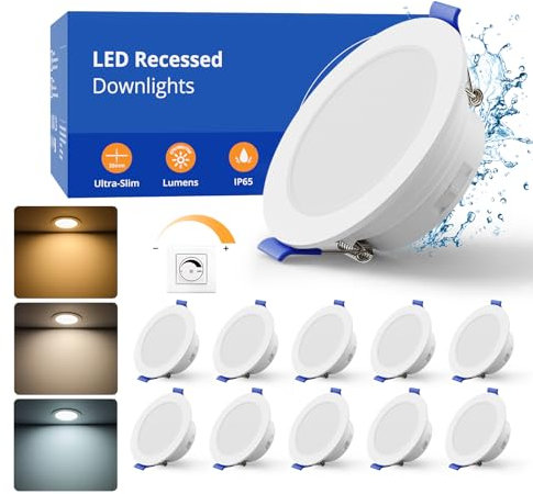 wowatt Spot Led Encastrable Dimable 6W, IP65 Spot Salle de Bain Blanc Chaud 2700K, Blanc Neutre 4000K et Blanc Froid 6000K Spot Led,700LM Spots Encastrés Trou 68-80mm, Lot de 10