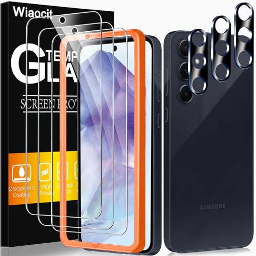 Wiaocit 3 Pièces Verre Trempé pour Samsung Galaxy A55 5G avec 3 Pièces Caméra Arrière Protecteur, Ultra Résistant Film Protection écran, Dureté 9H Résistant aux Rayures, Sans Bulles